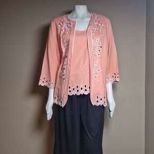 Bob Mackie Wearable Art Peach Linen Blend Embroidery Tank & Cardigan Set M